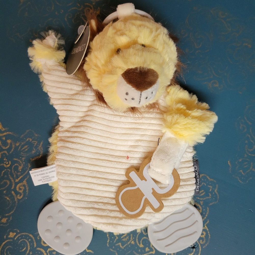 Demdaco plush lion teether buddy, pacifier holder